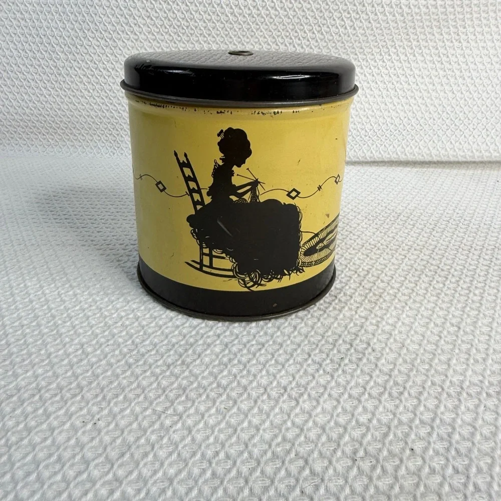 Vintage Silhouette Knitting Yarn Tin Yellow Black Mid Century Cat Rocking Chair
